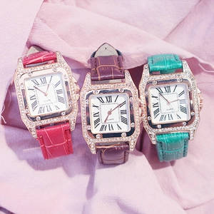 Three square quartz watches with rhinestone bezels and alligator leather straps in a set