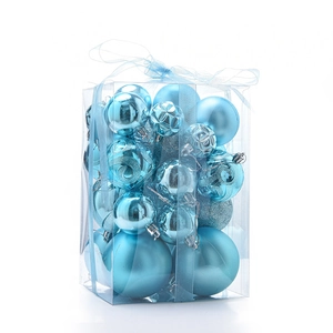 Detailed set of blue Christmas ornaments in matte, glossy, and glitter finishes