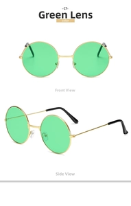 Detail view of round gold metal sunglasses with green lenses from front and side angles