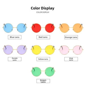 Matrix display showing vibrant colored lenses and golden metal frames of round sunglasses