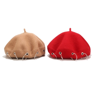 Vintage Wool Blend Beret Hat For Women With Metal Rings Punk Style Autumn Winter Artist Painter Cap Solid Color Lady Hat