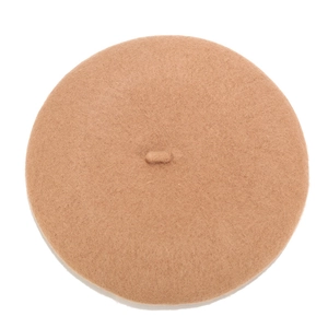Detailed top view of a camel wool beret hat with a small stalk on white background