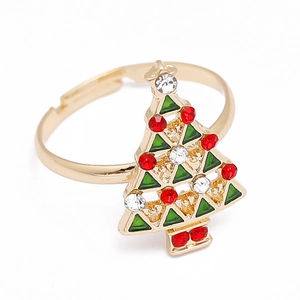 Adjustable Christmas tree ring with colorful enamel and rhinestones on gold band