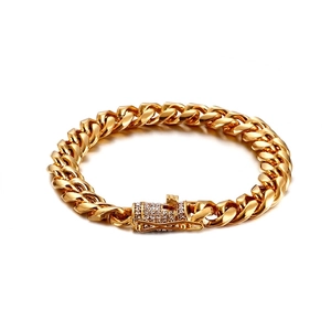 Men Cuban Link Bracelet Stainless Steel Polished Hip Hop Punk Style With Rhinestone Clasp Heavy Chain Jewelry