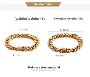 Size chart for 11mm gold stainless steel Cuban link bracelets with clasp specifications