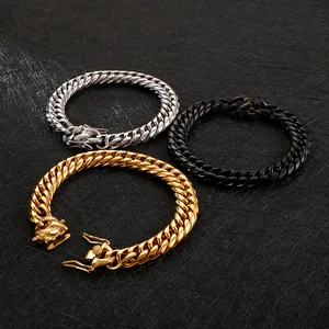 Bracelets gourmette pour hommes en acier titane doré, argenté et noir sur fond de cuir noir