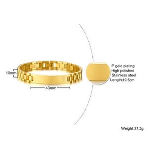 Polished 10mm gold stainless steel ID bracelet with link chain and engravable plate