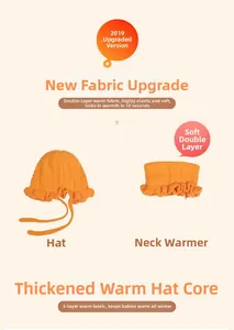 Detail of baby winter set showing orange knit hat and scarf with ruffle texture