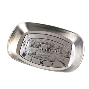 Vintage silver tinplate serving tray with embossed rustic landscape and nature details