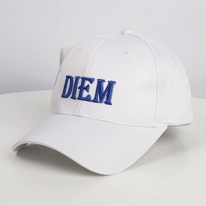 Close-up of blue DIEM letter embroidery on white cotton baseball cap with curved brim