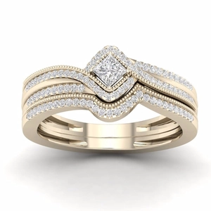 Set di anelli da sposa 3 in 1 di lusso con zirconi a taglio princess placcato oro