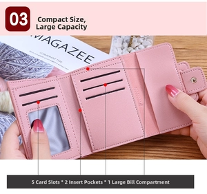 Pink tri-fold PU leather wallet interior showing 5 card slots and cash pocket