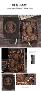 Detail of red bronze notebook featuring a 3D embossed Indian chief on premium PU leather