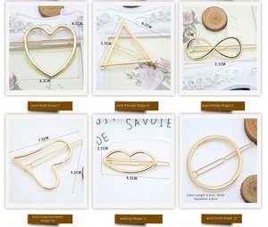 Detailed grid of six golden metal hair clips including heart, triangle and infinity shapes