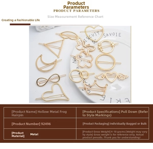 Detailed view of hollow gold metal hair clips in heart, butterfly, and star shapes