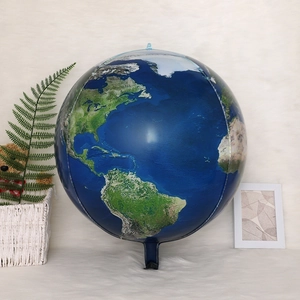Detail of inflatable world globe balloon with satellite map on white fuzzy surface