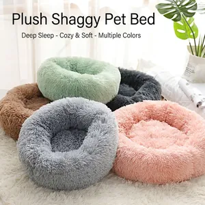Round Long Plush Pet Bed Warm Soft Donut Cat Dog Bed Deep Sleep Non-slip Bottom Washable Puppy Kitten Cushion