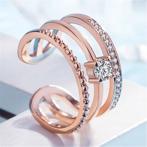 Three-layer rose gold adjustable ring with round zircon and micro-pave crystals