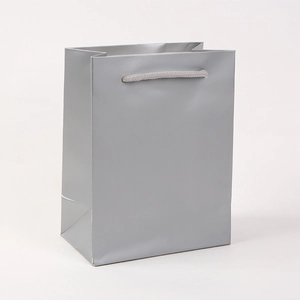 Detailed view of a silver cardboard gift bag with durable rope handles and glossy finish