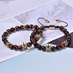 8mm Red Tiger Eye beaded bracelet pair with gold zircon crown and adjustable cord