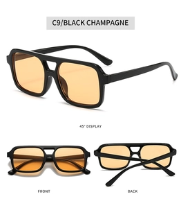 Multiple views of retro double-bridge square sunglasses in black and champagne color