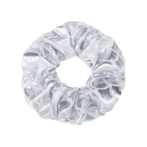 Detailed view of silver fish scale pattern fabric scrunchie with metallic shine texture
