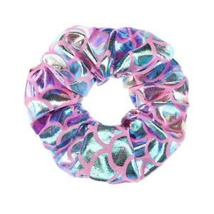 Shiny hair scrunchies with pink and blue scale patterns for girls and women