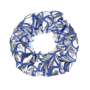 Detail view of silver hair scrunchie with blue fish scale pattern for girls