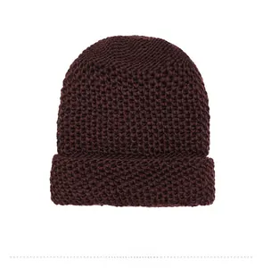 Detailed back view of dark burgundy knit beanie with thick texture and rolled edge