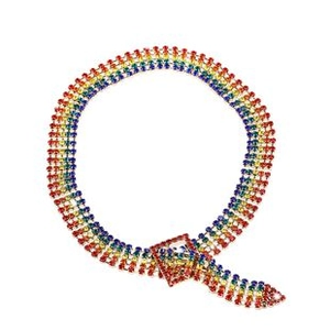 Detailed view of rainbow rhinestone belt with multi-row crystal sparkles on white surface