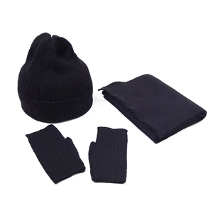3-piece winter knit set including black cuff beanie, long scarf, and fingerless gloves
