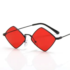 Retro geometric diamond-shaped sunglasses with red lenses and thin black metal frame