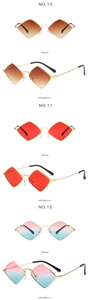 Detailed views of geometric metal sunglasses in tea, red, and blue gradient colors