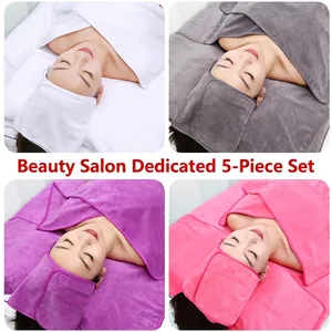 Microfiber 5-piece beauty salon towel set in white, grey, purple, and pink colors