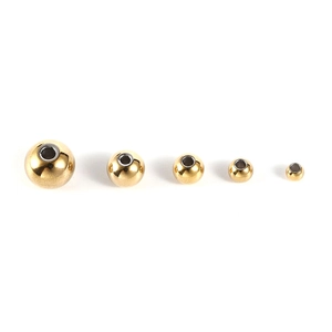 Detailed comparison of five sizes of polished gold stainless steel beads with center holes