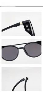 Close-up of steampunk sunglasses featuring reinforced hinges, nose pads and curved temples