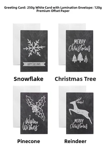 Detail showing 250g white card material and four chalk-style Christmas card designs