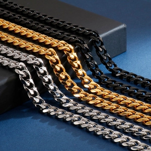Mens hip hop cuban link necklaces in black gold and silver stainless steel set