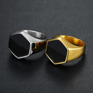 Polished hexagonal stainless steel rings for men with black enamel inlay in gold and silver