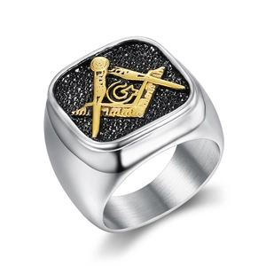 Vintage stainless steel Freemason signet ring with gold square and compass symbol
