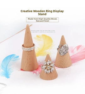 Three-piece solid beech wood cone ring stands with natural grain for jewelry display