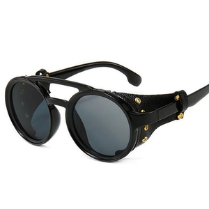 Retro Steampunk Round Sunglasses For Men Women Gothic Leather Side Shield Rivet Decor UV400 Protection Outdoor Driving Glasses