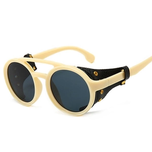 Retro steampunk round sunglasses with cream frames, side leather shields, and metal rivets