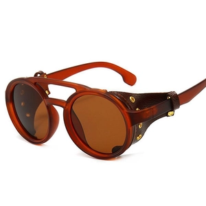 Vintage steampunk round sunglasses with brown leather side shields and gold rivets