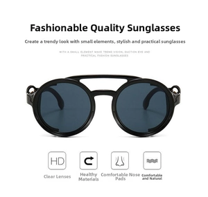 Detail of round punk steampunk sunglasses with double bridge and black frame structure