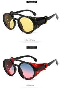 Detail view of steampunk round sunglasses with leather side shields and metal rivets