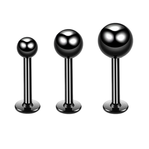Three black stainless steel labret studs with flat base in varying sizes for piercing