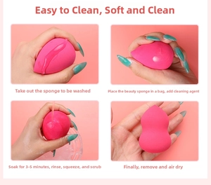 Step-by-step cleaning process for pink makeup sponge blenders showing washing and drying