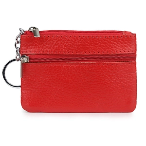Red genuine leather coin purse with double zipper compartments and a metal keychain