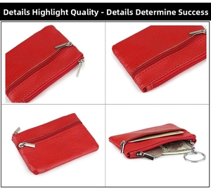 Detailed views of red lychee grain leather coin purse with triple zippers and keychain